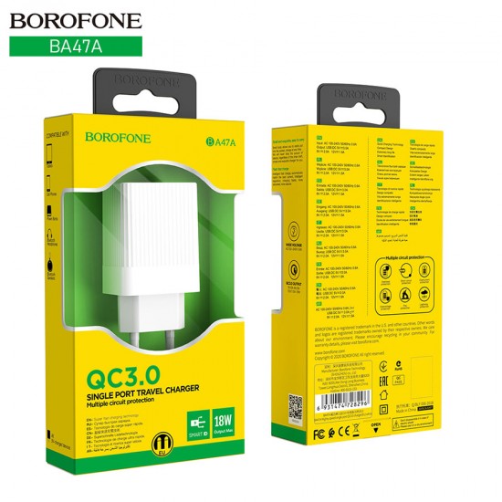 Сетевой адаптер USB Borofone BA47A, QC3.0 / QC2.0, 18W, 3 А, арт.012333