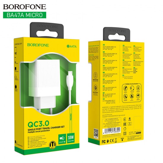 Сетевой адаптер USB micro Borofone BA47A, QC3.0 / QC2.0, 18W, 3 А, арт.012334