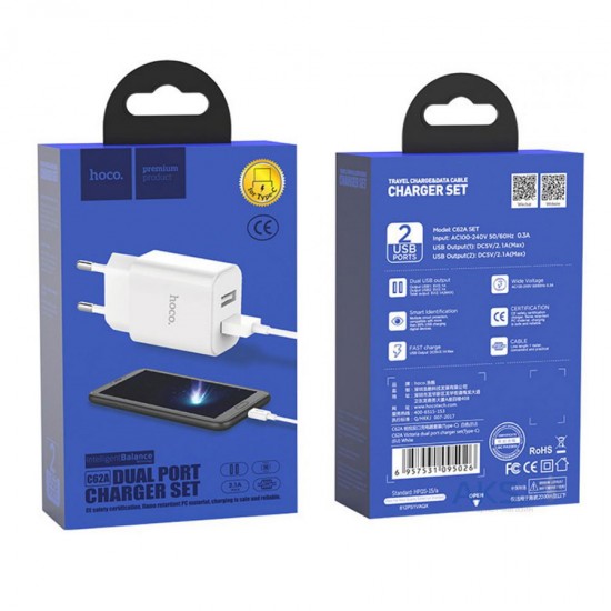 Сетевое зарядное устройство 2 в 1 Hoco C62A на 2 USB, кабель Micro, арт.011666