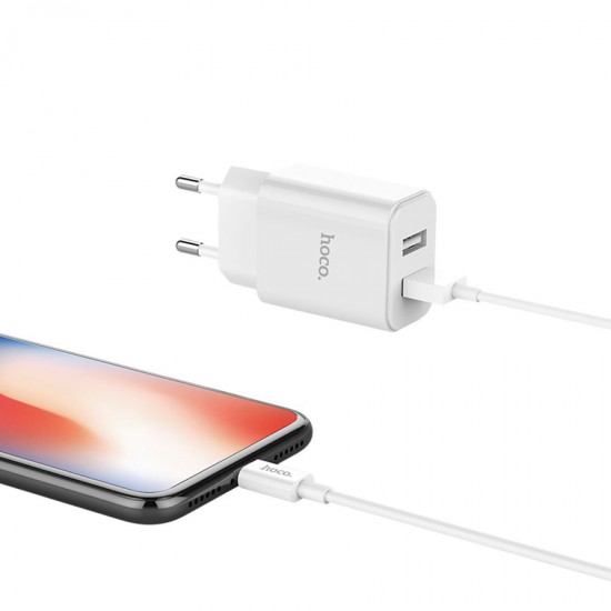 Сетевое зарядное устройство 2 в 1 Hoco C62A на 2 USB, кабель Lightning, арт.011671