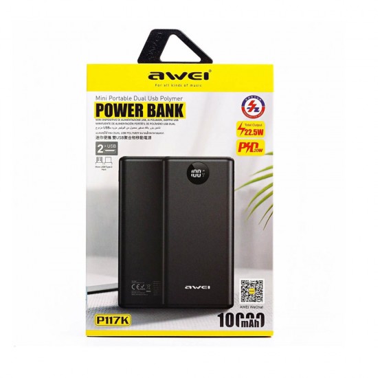 Внешний аккумулятор Power Bank 10000 mAh AWEI P117K, арт.012397