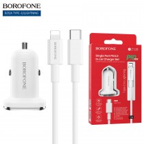 Автомобильный адаптер на USB белый, кабельType-C to Lightning, Borofone BZ12B, 3A, QC3.0, арт.012351