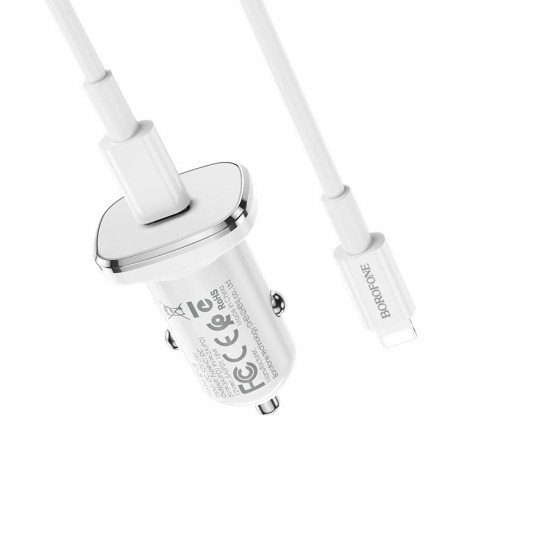 Автомобильный адаптер на USB белый, кабельType-C to Lightning, Borofone BZ12B, 3A, QC3.0, арт.012351