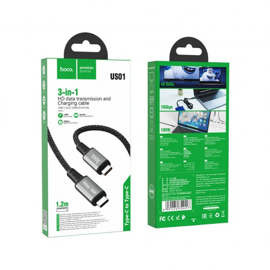 Скоростной кабель Type-C-Type-C 1.2 м, HOCO US01 USB 3.1 GEN2 10Gbps 100W, арт.012732