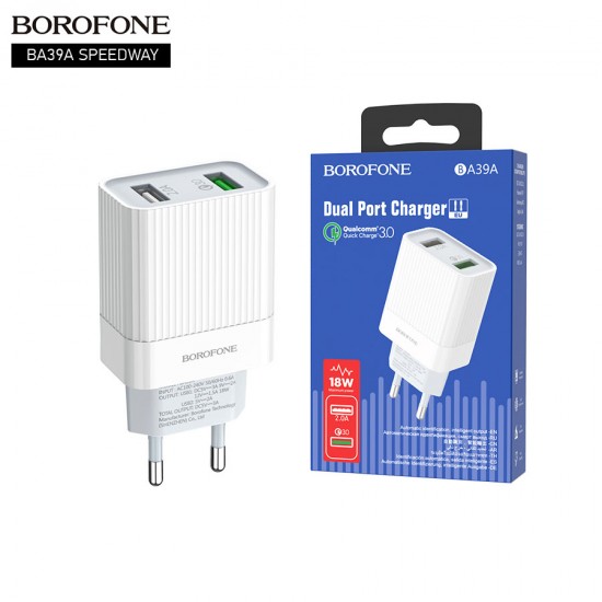 Сетевой адаптер на 2 USB Borofone BA39A, QC3.0, 18W, 3 А, арт.012339