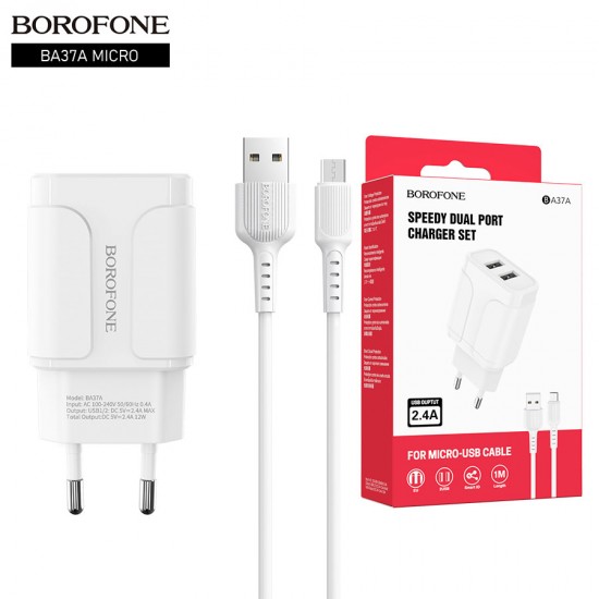 Сетевой адаптер на 2 USB micro Borofone BA37A, 12W,  2,4А, арт.012344